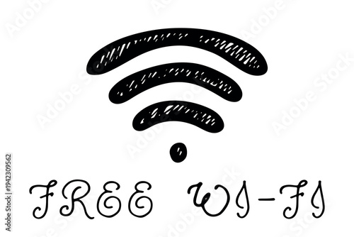 Hand drawn free wifi spot zone sign Public wi-fi area sign Wireless internet clipart in doodle style Single element for print, web, design, decor 3G, 4G, 5G, 6G, IoT