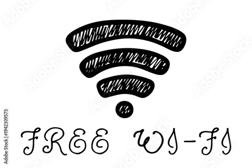 Hand drawn free wifi spot zone sign Public wi-fi area sign Wireless internet clipart in doodle style Single element for print, web, design, decor 3G, 4G, 5G, 6G, IoT