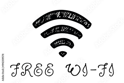 Hand drawn free wifi spot zone sign Public wi-fi area sign Wireless internet clipart in doodle style Single element for print, web, design, decor 3G, 4G, 5G, 6G, IoT
