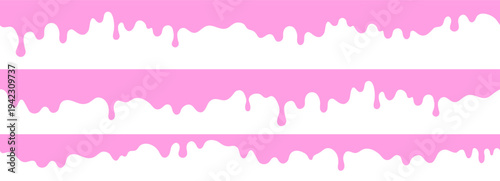 Seamless pink bubblegum dripping pattern with liquid stripes. Melted icing texture on white background.Set of seamless melting shapes