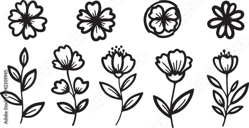 A delicate collection of black hand-drawn floral design assets, featuring various flower blooms, buds, and leafy stems with a clean, whimsical line-art aesthetic isolated on white.
