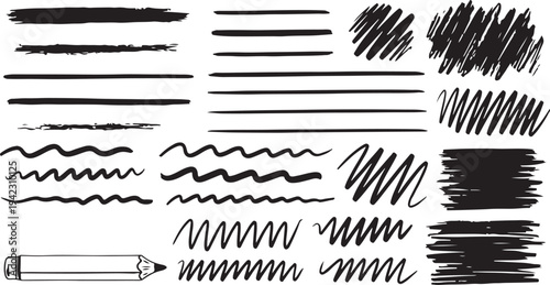 A versatile set of black hand-drawn graphic assets featuring messy marker scribbles, wavy lines, zig-zags, straight underlines, and a detailed pencil illustration isolated on white.