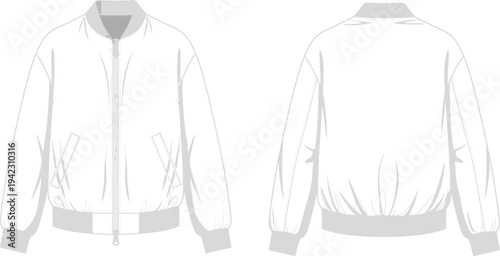 Bomber jacket, fashion template, clothing mockup, flat sketch, unisex jacket, outerwear design, apparel vector, technical drawing, stylish bomber, fashion 
