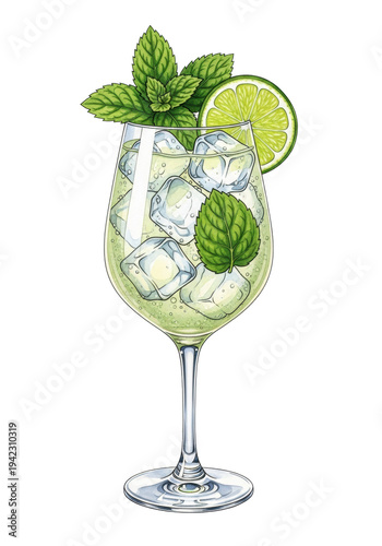 Watercolor illustration of a chilled hugo spritz cocktail with mint and lime on a transparent background. Concept for beverage advertising