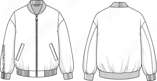 Trendy bomber jacket fashion flat sketch, stylish front and back technical drawing, casual outerwear vector illustration, unisex streetwear apparel design template