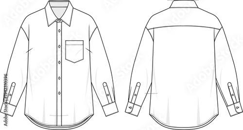 iLong sleeve button-up shirt technical flat sketch, front and back view, formal collar design, pocket detail, apparel template for fashion, clothing vector mockup