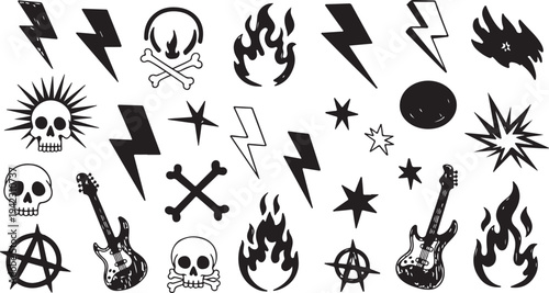A rebellious collection of black hand-drawn punk rock assets including stylized skulls, electric guitars, anarchy symbols, lightning bolts, and flames isolated on a clean white background.
