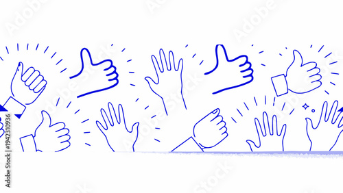 Numerous blue hand gestures showing thumbs up and clapping hands