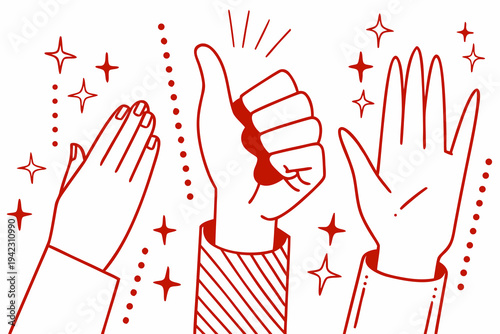 Celebrating success hands clapping with stars and dotted lines