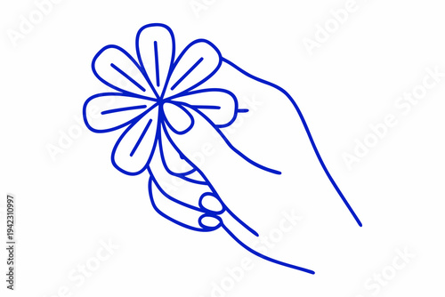 A hand delicately holding a simple stylized blue flower outline