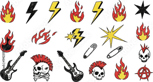 A rebellious collection of hand-drawn punk rock assets including graffiti skulls with mohawks, electric guitars, safety pins, anarchy symbols, lightning bolts, and stylized flames.
