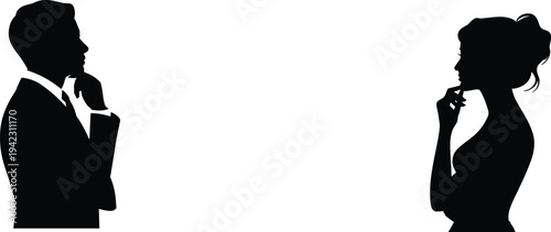 Man and woman silhouette, thinking pose, couple concept vector, side view people, relationship illustration, black silhouette art, male female profile, thoughtful expression vector