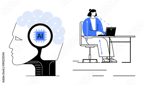 Artificial intelligence concept. AI ed by a brain with a chip and its impact on remote work environments. Artificial intelligence aiding productivity and data management. For tech, workplace