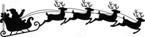 Santa Claus sleigh silhouette, flying reindeer Christmas vector, festive holiday illustration, winter decoration art, black Santa clipart, Xmas sleigh design, seasonal celebration graphic