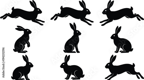 Rabbit and hare silhouette vector collection, jumping and sitting bunny poses set, black wildlife animal illustration isolated for Easter design
