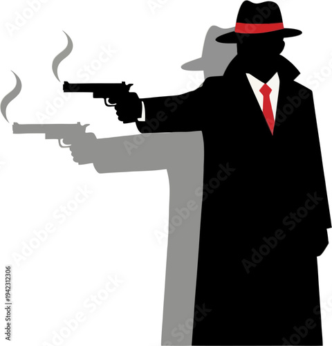 Noir Gangster with Smoking Guns and Shadow, Vintage Mafia Hitman Illustration