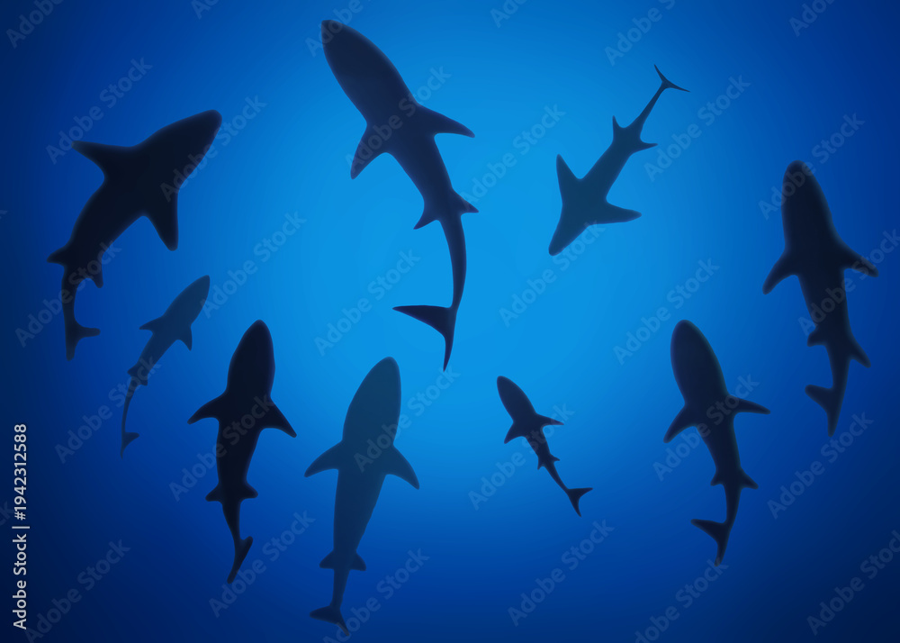 Obraz premium Graphic illustration of great white sharks underwater