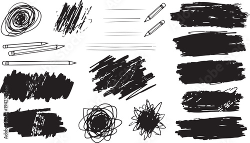 A creative set of black hand-drawn design assets, featuring graphite pencil illustrations, messy charcoal scribbles, textured brush strokes, and organic circular tangles on a white background.