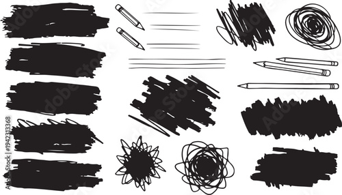 A creative set of black hand-drawn design assets, featuring graphite pencil illustrations, messy charcoal scribbles, textured brush strokes, and organic circular tangles on a white background.