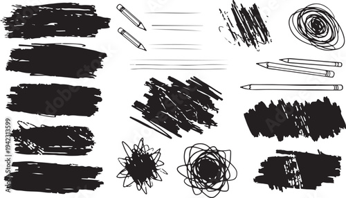 A creative set of black hand-drawn design assets, featuring graphite pencil illustrations, messy charcoal scribbles, textured brush strokes, and organic circular tangles on a white background.
