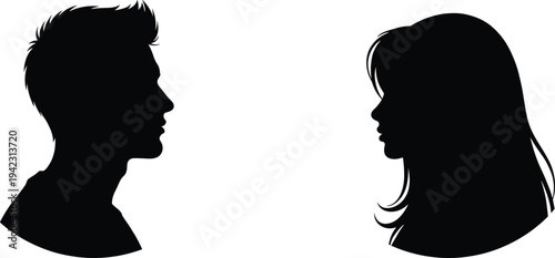 Silhouette of man and woman facing each other, profile vector illustration, romantic couple, relationship concept, black human figures, side view on white background