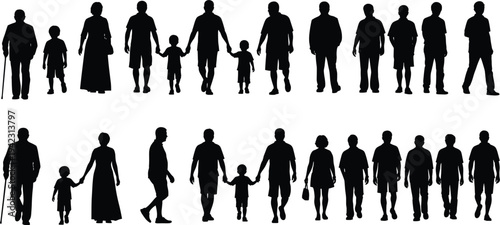 Silhouette people walking, family members, children, adults, elderly, generational group, everyday life, black figures, casual movement, community concept, holding hands, diversity illustration