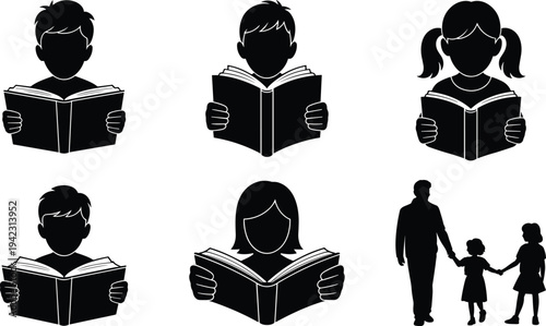 Children Reading Books Silhouettes and Teacher with Students Vector Illustration Set for Education Literacy School Library and Early Learning Background