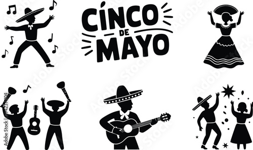 Cinco de Mayo vector icons featuring Mexican dancers guitar player mariachi silhouettes and festive celebration elements for traditional holiday poster design
