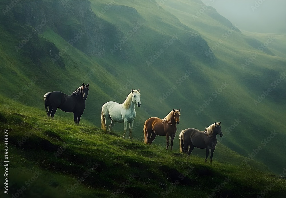 Obraz premium Four Horses on a Misty Green Hillside
