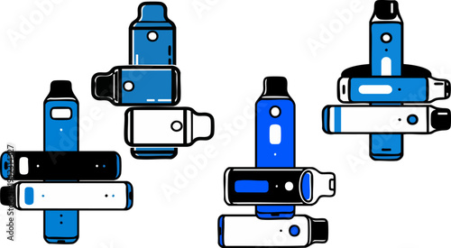 Set of 12 Modern Vape Pen Devices Vector Illustrations for E-Cigarette and Vaping Culture, Featuring Blue, Black, and White Pod Systems with Minimalist Design