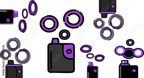 Set of 6 Flat Design Vaping Devices with Purple Smoke Rings Vector Illustrations for E-Cigarette and Vape Shop Marketing