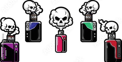 Set of 5 vector illustrations depicting five different colored vape devices with skull-shaped vapor clouds, symbolizing potential health risks and dangers of vaping.