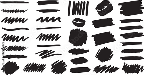 A comprehensive set of black hand-drawn scribbles, messy marker strokes, organic lines, and crosshatch textures isolated on a white background for creative graphic design.