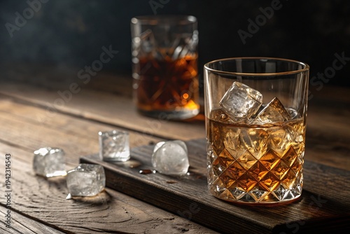 Whiskey on ice in crystal glasses on wooden bar