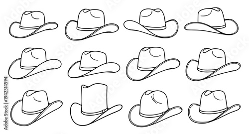 Hand drawn cowboy hat vector set western wild west hats black and white illustration