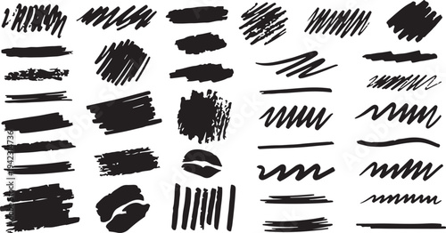 A large collection of black marker scribbles, messy hand-drawn lines, crosshatch textures, and organic brush strokes isolated on a white background.