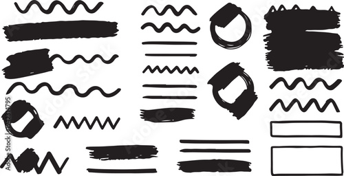 A comprehensive collection of black hand-drawn design elements, including thick paint strokes, wavy lines, zig-zags, circles, and rectangular frames for creative layouts.