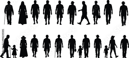 Silhouettes of people walking, different ages, elderly, adults, children, family generation, diverse group, human figures, movement, everyday life, relationships, community, standing, casual wear