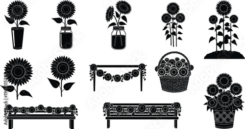 Black silhouette illustration of multiple sunflower arrangements in vases, jars, baskets, and decorative clusters, floral artwork concept for gardening, nature, decoration, and design projects