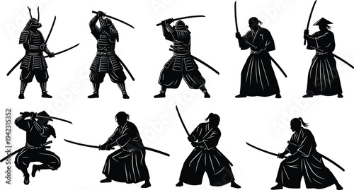 Black silhouette illustration of nine samurai warriors in dynamic poses with katanas, symbolizing Japanese martial arts, tradition, combat, culture, and creative artwork projects
