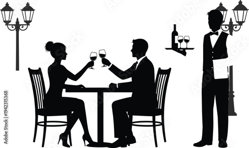 Black silhouette illustration of romantic dinner scene with couple toasting wine glasses, waiter serving drinks, outdoor dining with street lamps, symbolizing celebration, love, and creative artwork p