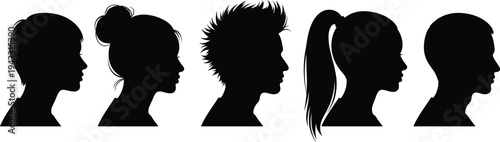 Silhouette profile of people, male and female heads, diverse hairstyles, side view portraits, human face outlines, stylish haircuts, black silhouette vector, head shape illustration