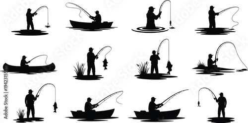 Black silhouette illustration of twelve people fishing in diverse settings with rods, boats, and caught fish, symbolizing recreation, outdoor activity, lifestyle, and creative artwork projects