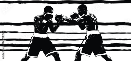 Black silhouette illustration of two boxers fighting inside a boxing ring, showcasing athletic competition, strength, sportsmanship, and the intensity of professional boxing match action.