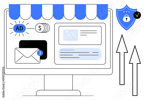 E-commerce platform. An interface e-commerce elements including advertisements, secured financial transactions, email notifications, and digital security features. E-commerce enables secure online