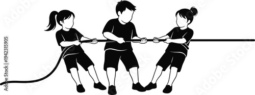 Black-and-white silhouette illustration of three children playing tug-of-war, pulling rope in opposite directions, symbolizing teamwork, competition, physical activity, oudoor games, a