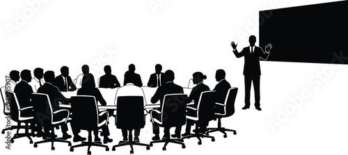 Business meeting presentation with team sitting at conference table listening to speaker near boardroom screen, corporate teamwork and leadership concept vector silhouette illustration