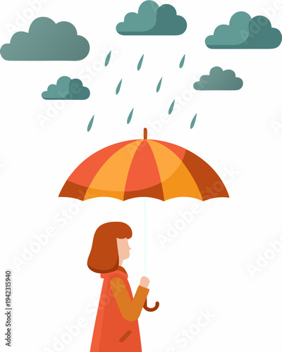 A person holding an orange umbrella under a cloudy rainy sky