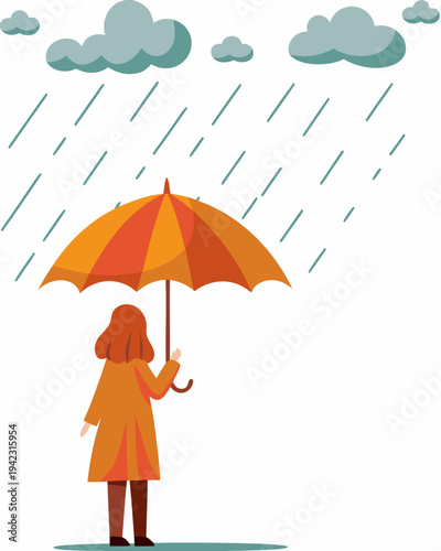 A person with an orange umbrella stands in the rain looking up