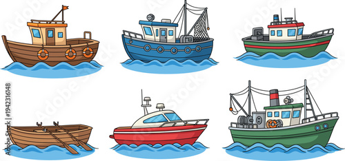Cartoon-style illustration of six different boats including fishing trawlers, rowboat, and speedboat, nautical artwork concept for marine life, transportation, fishing, and design projects